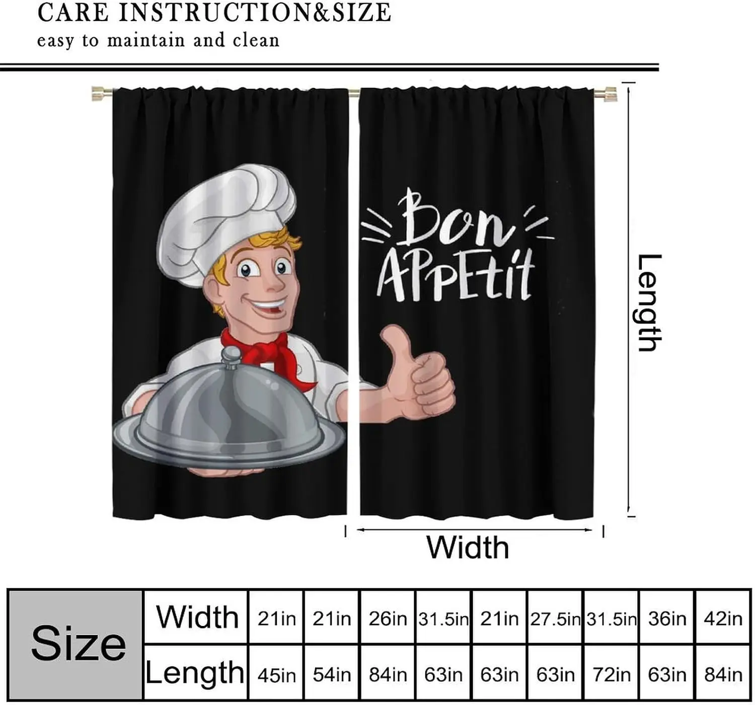2 Panels Black Cartoon Chef Curtains Bon Appetit Letter Food Cloche Thumbs Up Print Drapes Restaurant Cafe Kitchen Window Decor