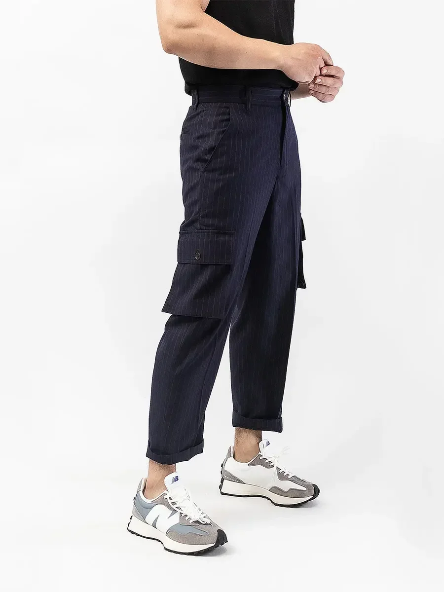 Japanese Department Retro Style Stripe loose Straight Tube Free ironing Casual Pants Overalls Capris Ninth Trousers 4XL