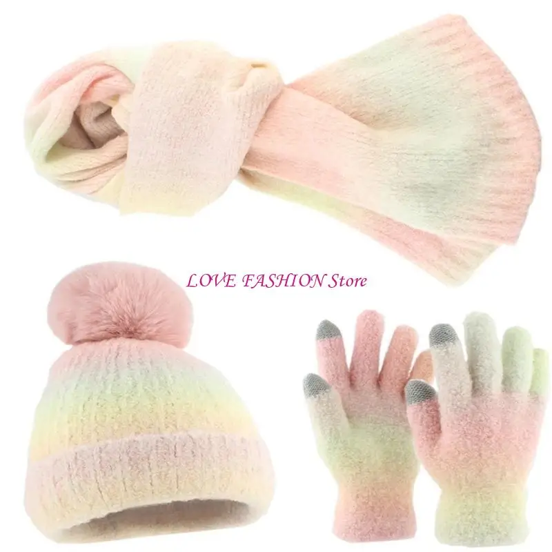 

Gradients Knitting Thicken Liner Hat Scarf Gloves for Adult Travel and Daily Wear Y166