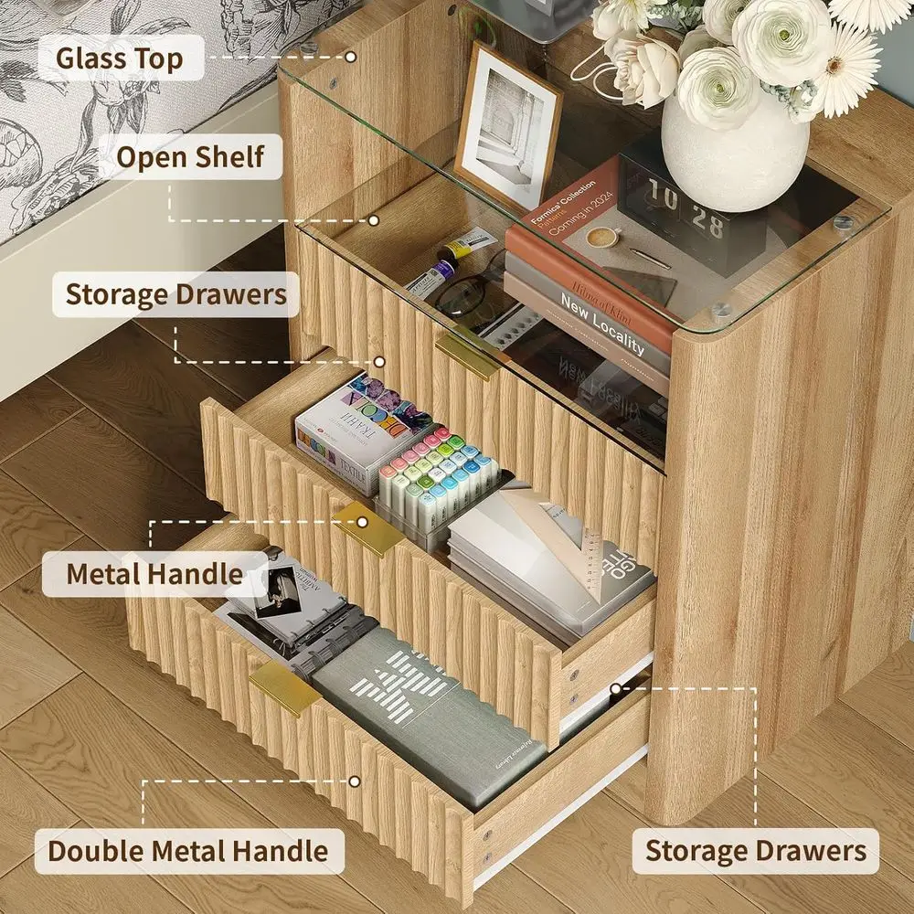 모던 오크 LED 나이트스탠드 세트 충전 스테이션 및 3개의 서랍 포함, 23인치 와이드 글래스 탑 엔드 테이블 침실, 거실 또는 사무실용