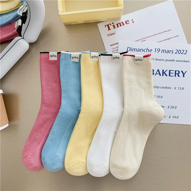 Ladies Stocking Solid Color Cotton Four Seasons Long Stockings One Size Women's Version Layout Label Personality Socks Soft