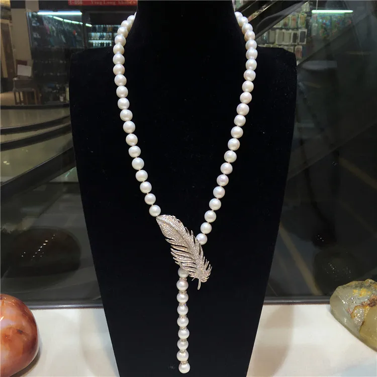 

Beautiful 8-9mm white freshwater pearl micro inlay zircon leaves buckle accessories necklace long 90cm