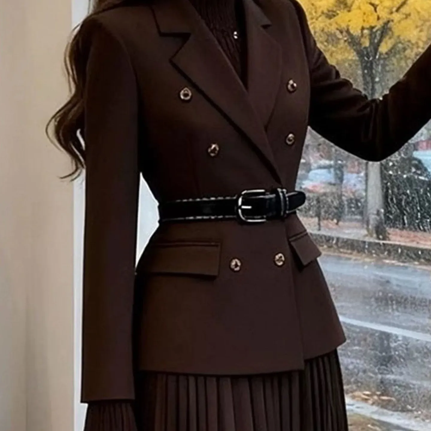 Women Brown Two Piece Suit Set 2026 New Double Breasted Blazer Pleated Maxi Skirt Belted Office Outfit Lady two-piece dress suit view 5