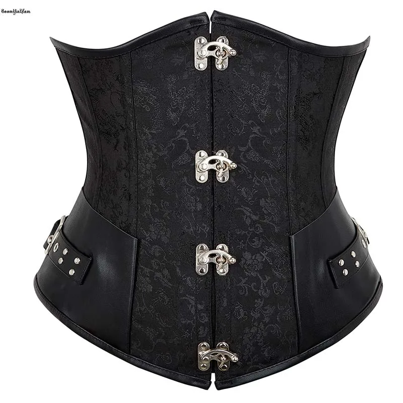 

4 Clasp Women 12 Steel Bone Waist Trainer Bustier Black Steampunk Floral Jacquard Lace Up Boned Underbust Corset With Rope