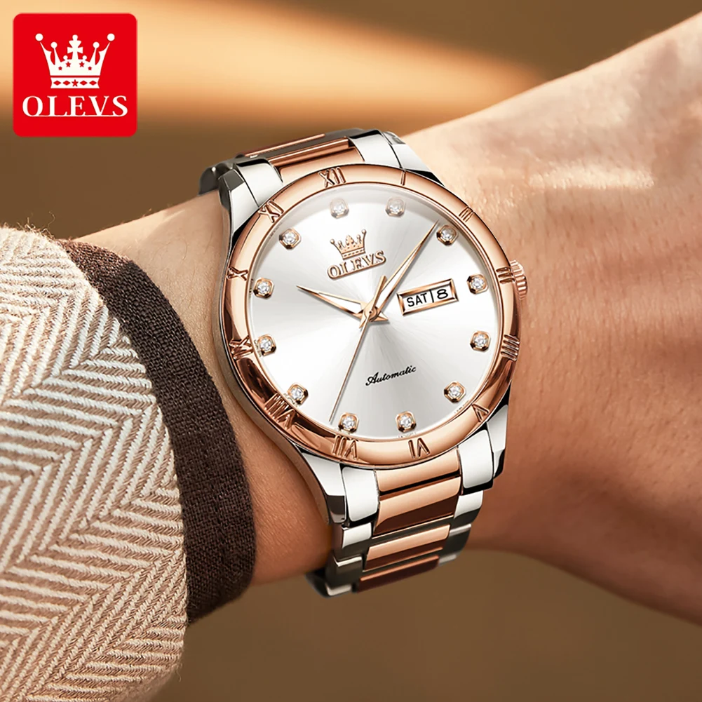 OLEVS 7030 رجل ساعة أنيقة المزدوج التقويم ساعة أوتوماتيكية للرجال محكم الهاتفي 30 متر مقاوم للماء الماس مقياس ساعة اليد #2
