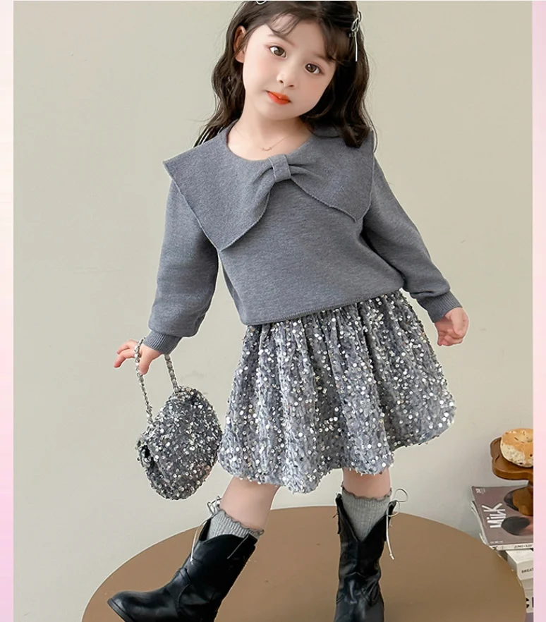 

New Baby Girls Fall Fashion Sets, Grey Knitting Top + Sequined Skirts Princess Elegant Suits 2-7 T