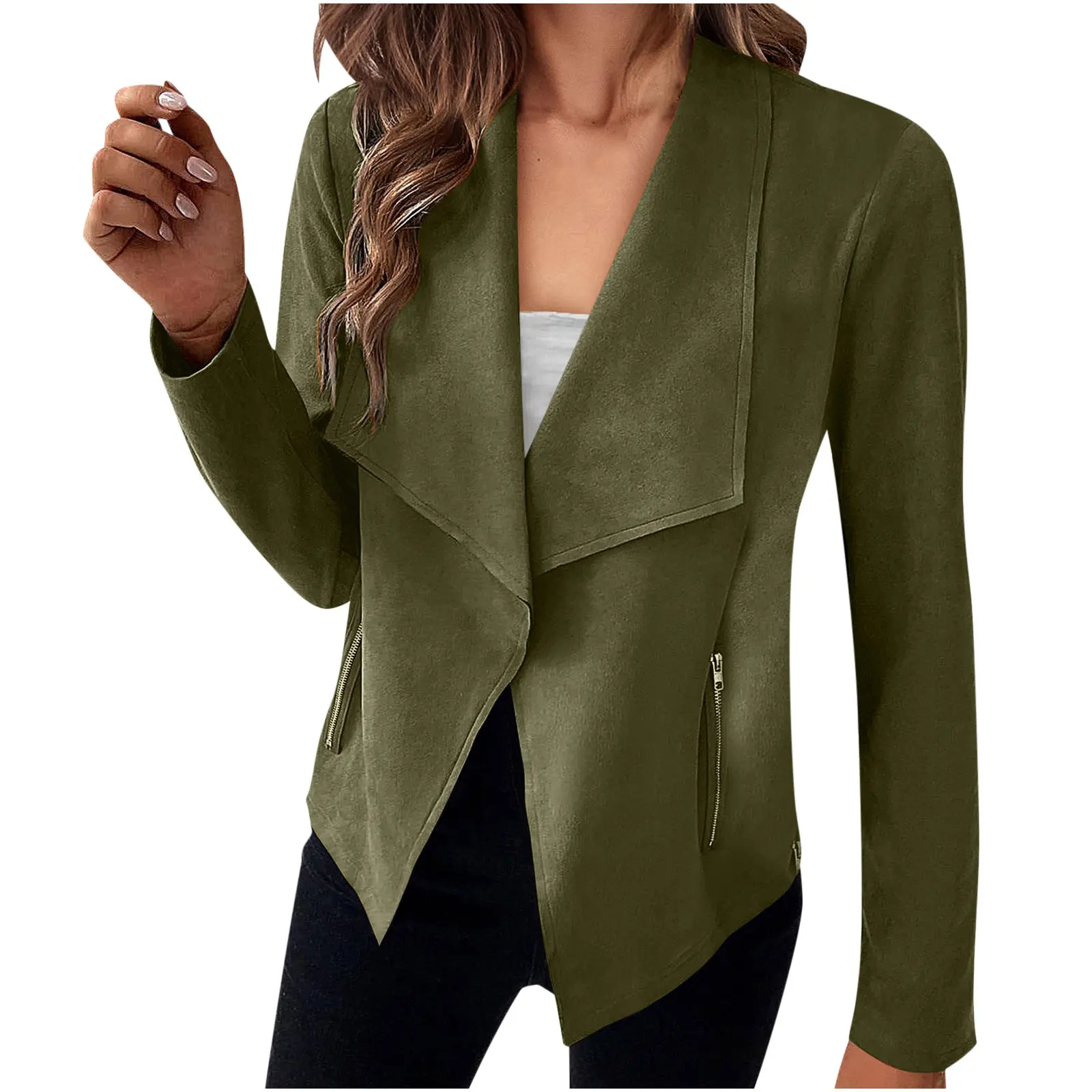 Women Faux Suede Jackets 2023 Outwear Fall Clothes Long Sleeve Side Zipper Open Front Casual Coat Solid Black Khaki Jacket