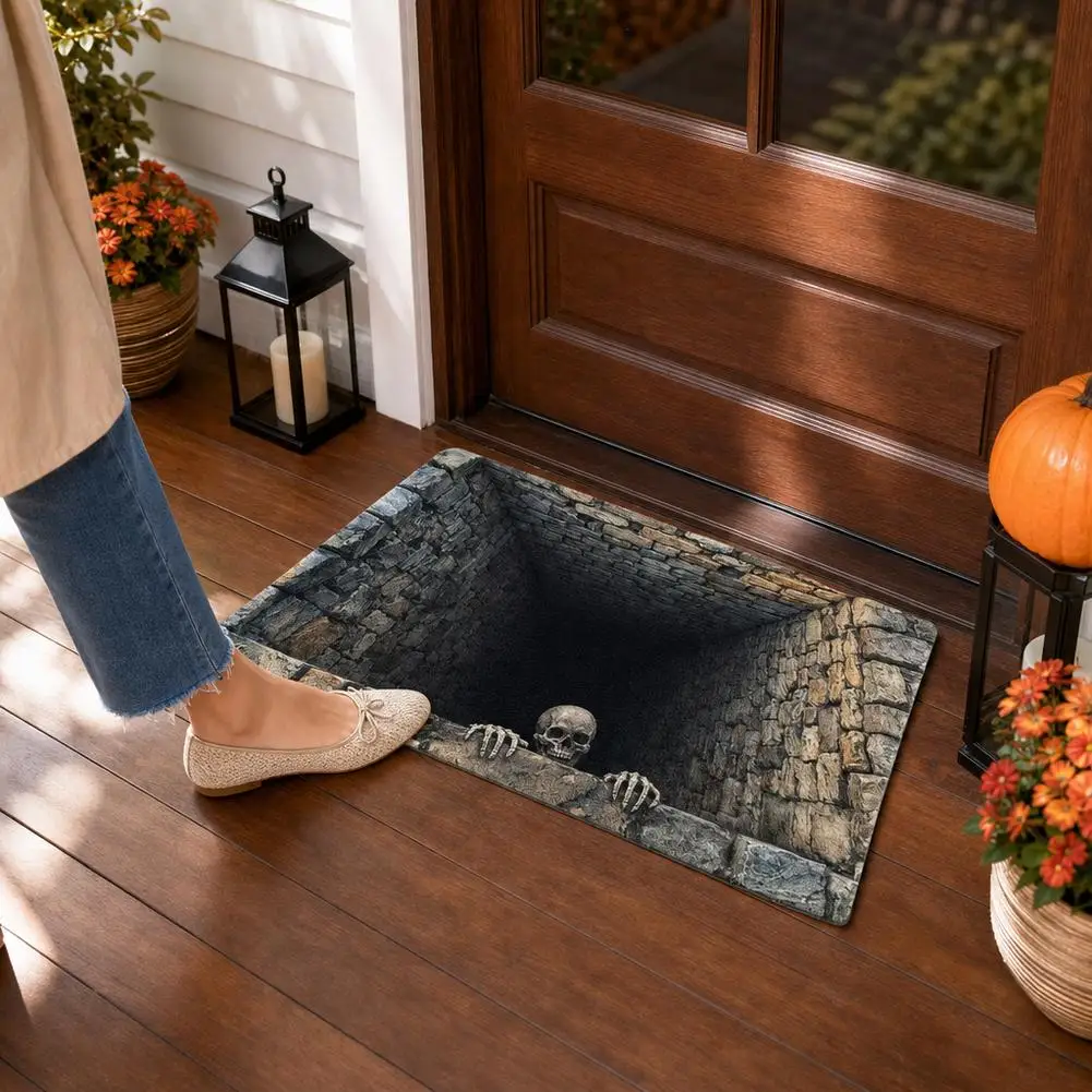 Halloween 3D Optical Illusion Floor Mat Stone Pit Pattern Absorbent Non Slip Diatomaceous Earth Door Mat for Bathroom Entryway
