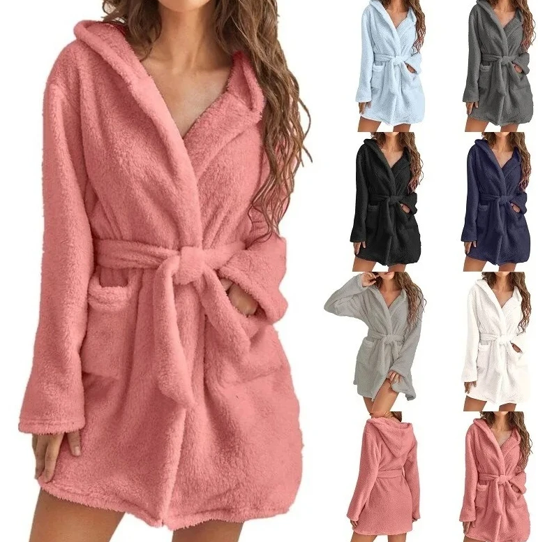 

Winter Plush Hooded Bathrobe for Women Fluffy Warm Dressing Gown Sexy Loungewear Ladies Solid Color Pyjamas Homewear