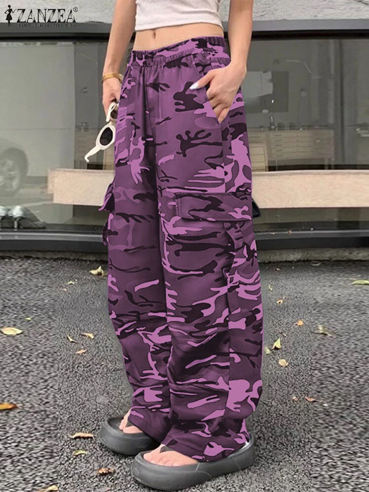 

Holiday Camouflage Printed Long Trouser ZANZE Women Cargo Pants Streetwear Pocket Pleats Pantalons Casual Loose Wide Leg Bottoms