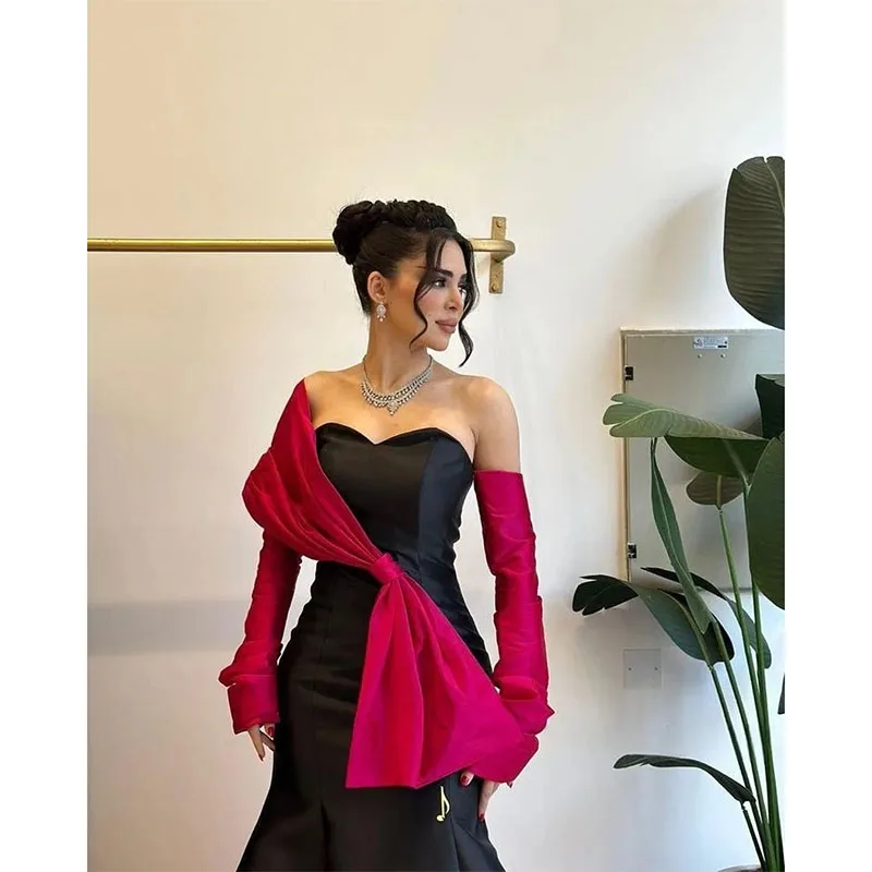 Black And Fuchsia Mermaid Prom Dresses Remove Sleeve Single Shoulder Formal Evening Gown Floor Length Bow Birthday Party Gowns