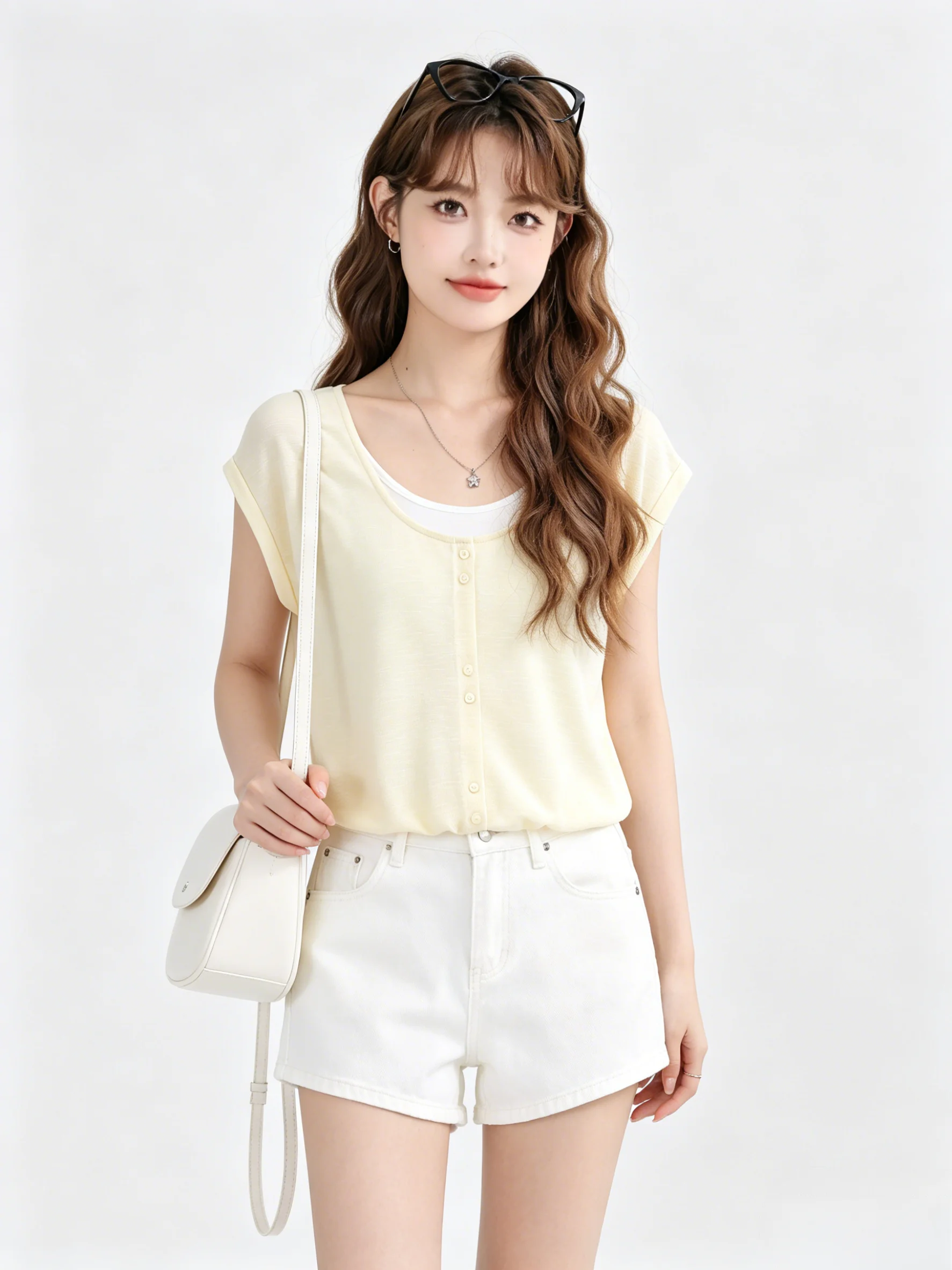 Fashionable Light Yellow Contrast Color Vintage Short Sleeve T-Shirt Breathable Skin-Friendly Slimming Short Length Summer Top