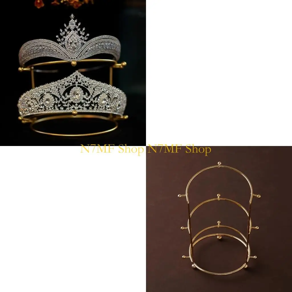 

N7MF Crown Display Rack Metal Gold Crystal Headbands 2 Layer 3 Layer Holder