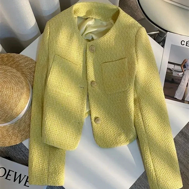 2024 Fashion Tweed Short Jacket Women\'s Woolen Coat Spring Autumn O-neck Single-breasted Yellow Outerwear Streetwear Casual Tops