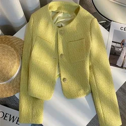 2024 Fashion Tweed Short Jacket Women's Woolen Coat Spring Autumn O-neck Single-breasted Yellow Outerwear Streetwear Casual Tops