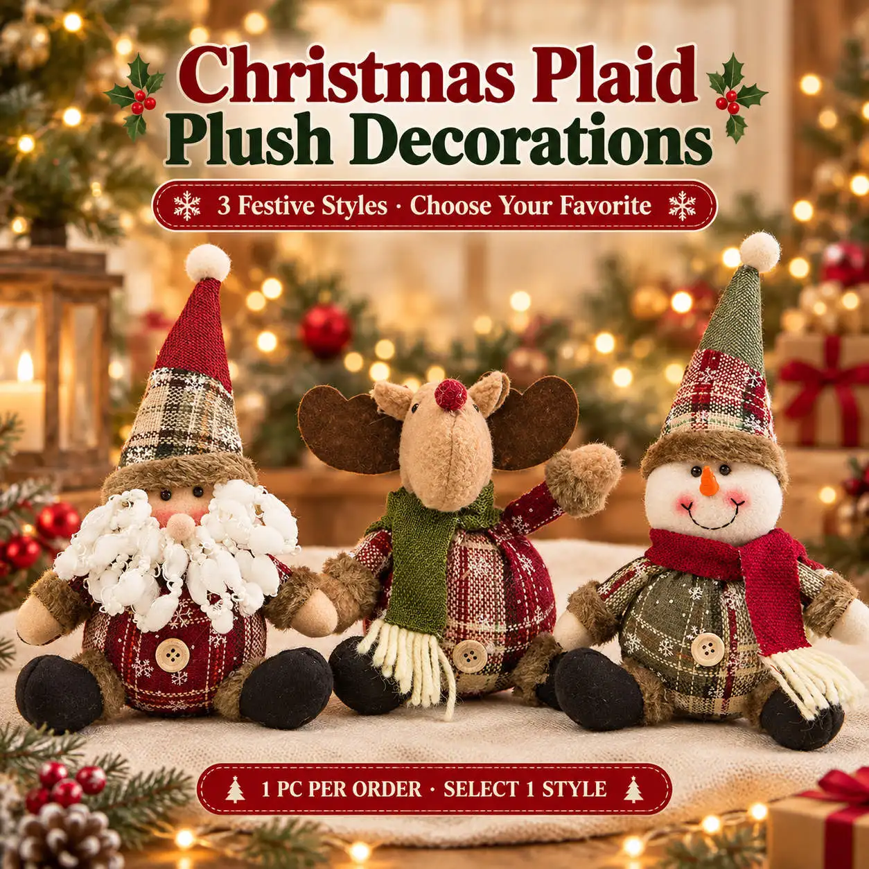 Christmas Plaid Button Ball Doll Sitting Santa Snowman Reindeer Pointed Hat Pom Fur Trim Knit Scarf Tassel Xmas Shelf Decor 1pc