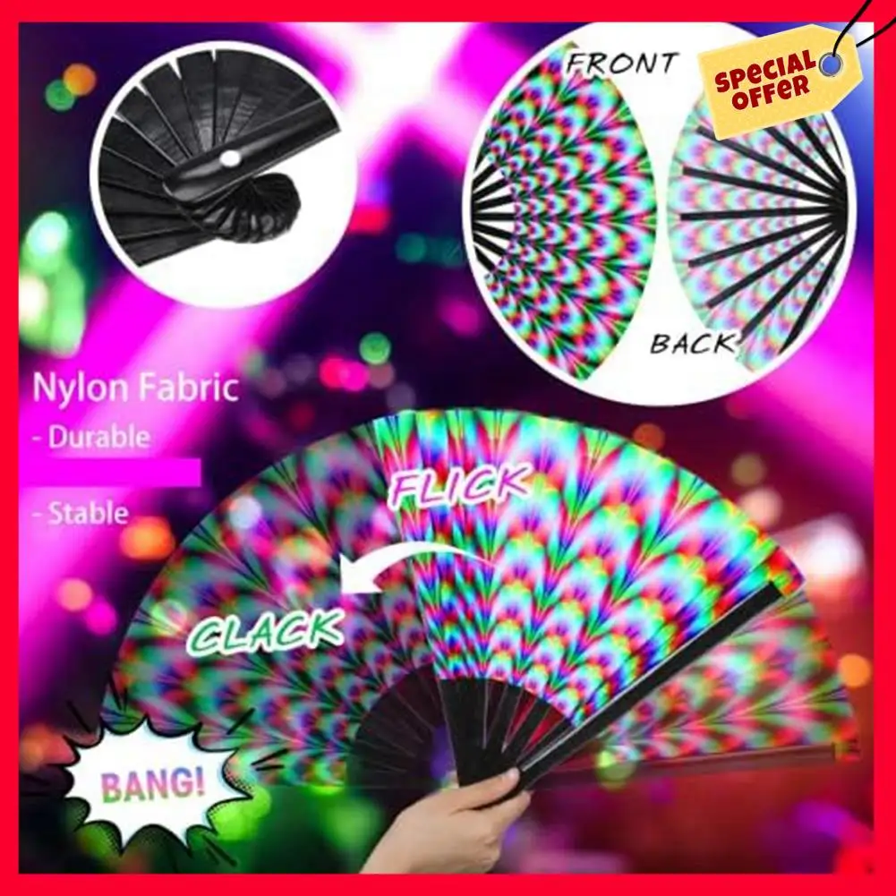 -A25M 1-teiliger Damen-Handfächer mit Rabenfalte, mehrfarbig, Fluoreszenz, Glühen, Party, Club, Abschlussball, Disco, Freaky Pub, dekorativ
