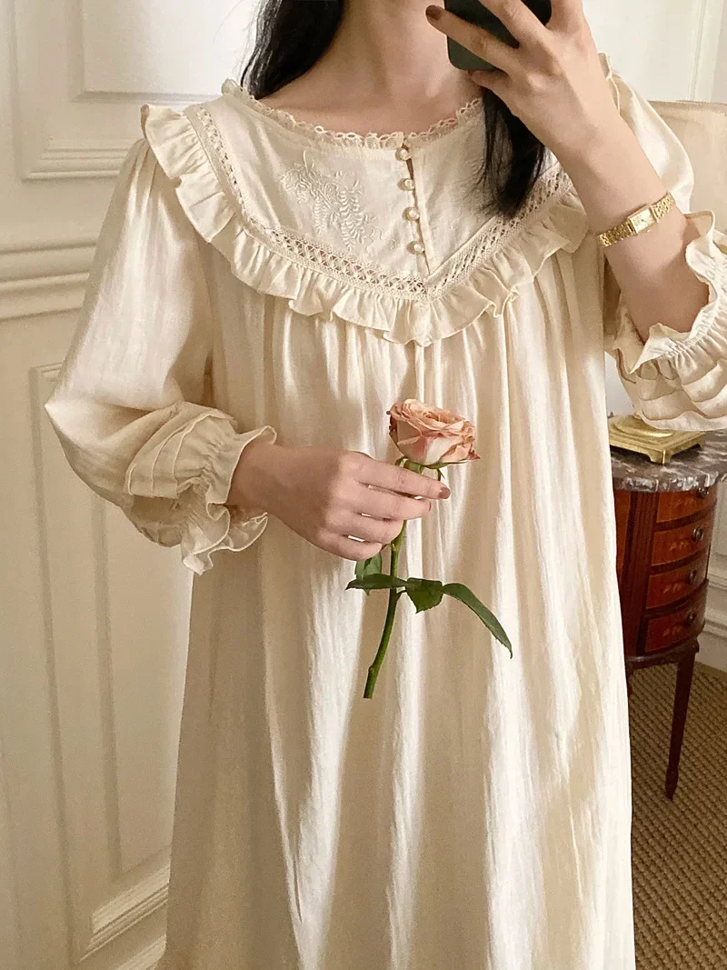 Women Victorian Sleepwear Pure Cotton Vintage Nightgowns Robe Ruffles Nightie Long Night Dress Romantic Princess Nightdress