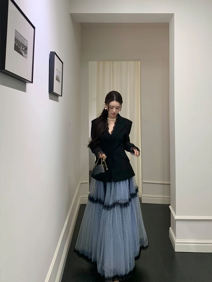 

Костюм с юбкой в горошек и сеткой Feng Xing Mahe Qianjin, женский, с длинным рукавом, V-образным вырезом, модный комплект, новинка 2025 года