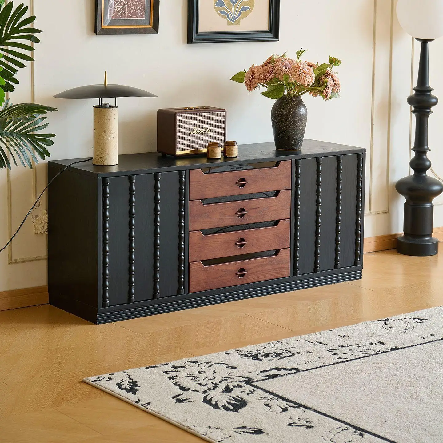 Floor-to-ceiling button French medieval floor-to-ceiling TV cabinet Integrated combination wall module cabinet Multifunctional
