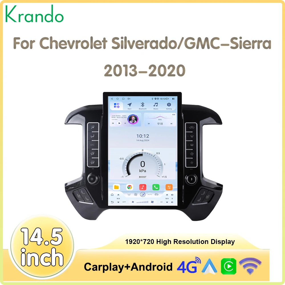 

Автомобильное радио Krando 14,5 дюймов Android для Chevrolet Silverado GMC Sierra 2013-2020 Tesla Style, автостереоэкран, навигация, GPS
