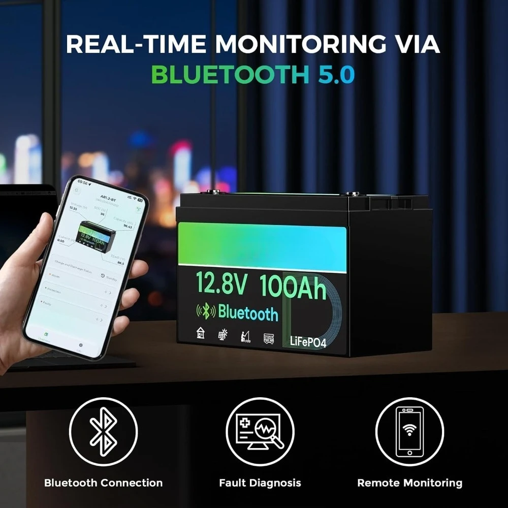 12V 100Ah Bluetooth LiFePO4 Battery, Deep Cycle Group 31 Lithium RV Batteries Built-in 100A BMS with Low-Temp Protection