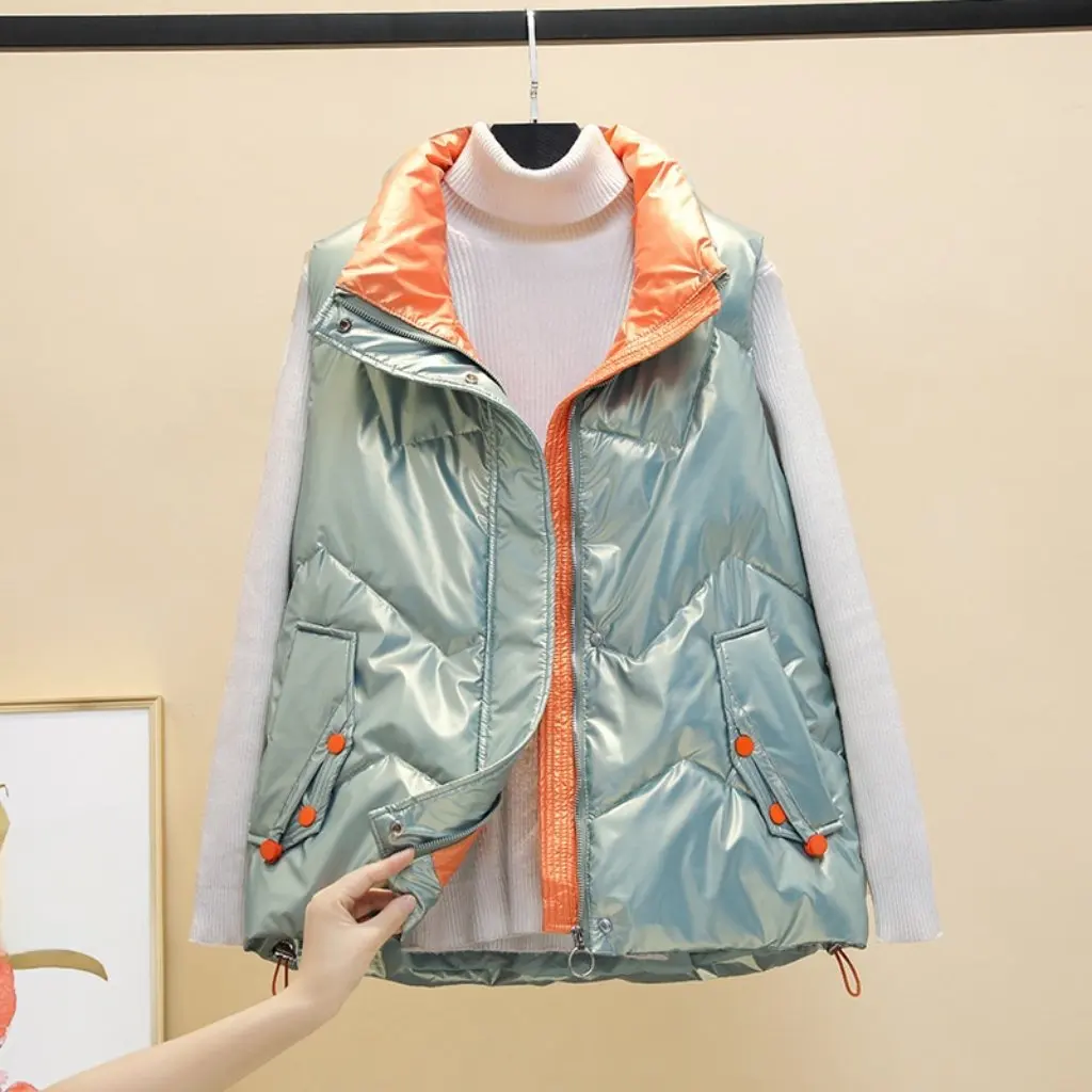 

Женский пуховый хлопковый жилет с нашивками, подходящий по цвету жилет для осенне-зимней моды, яркий стиль лица