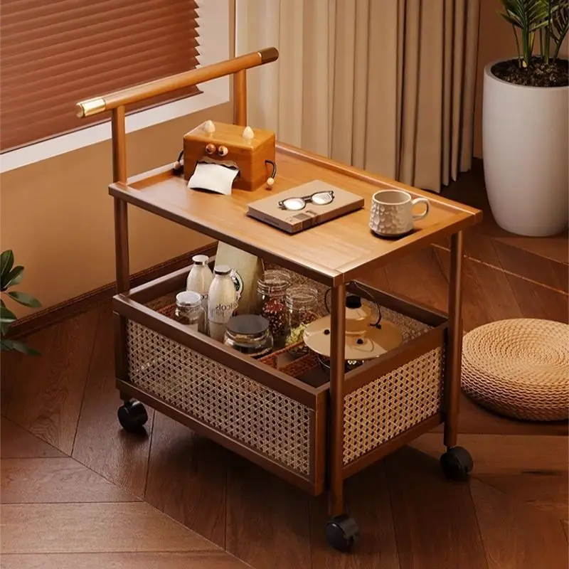 Bamboo High-end Side Table 2 Layers Coffee Tables Mobile Coffee Table Wheels Trolley Home Storage Rack Living Room Decor