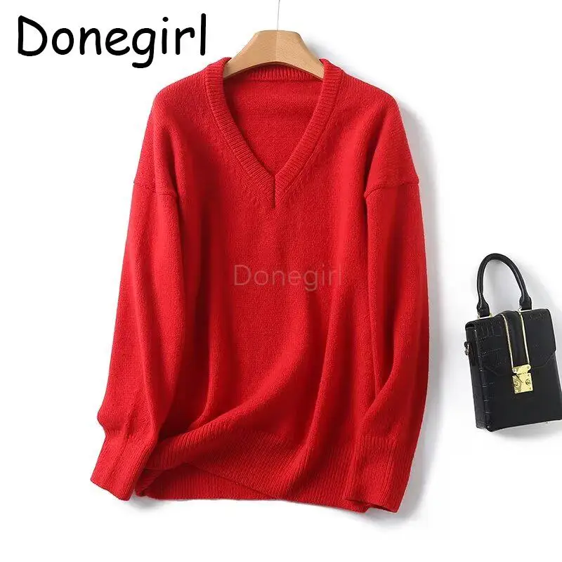 Donegirl 2024 Women Spring Autumn New Red V-neck Knitted Sweater Loose Pullovers Solid Casual Elegant Commute Tops Female Chic