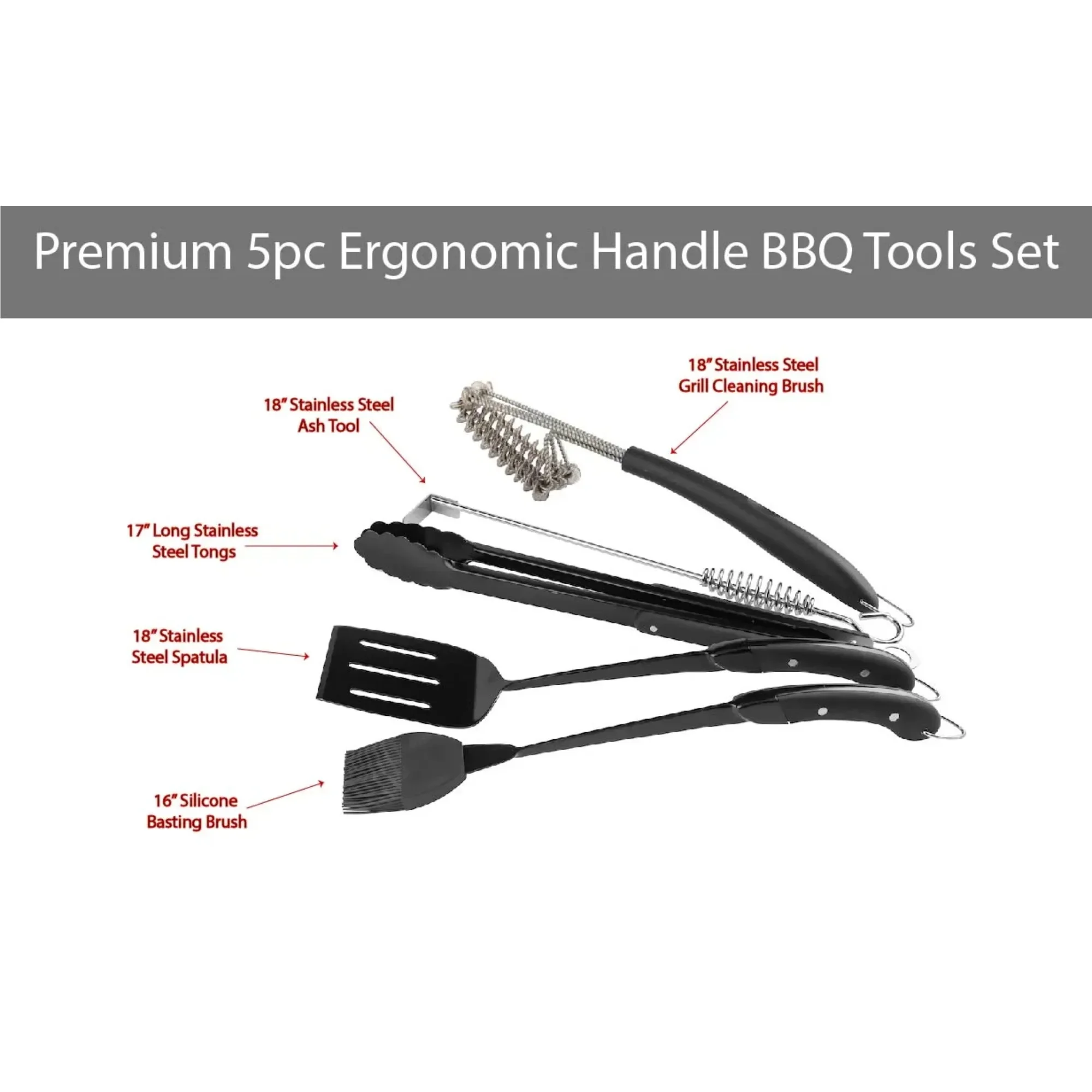 Set di attrezzi per griglia in silicone da 5 pezzi con manici ergonomici, include spatola, pinze, spazzole e detergenti per imbastire, resistente al calore