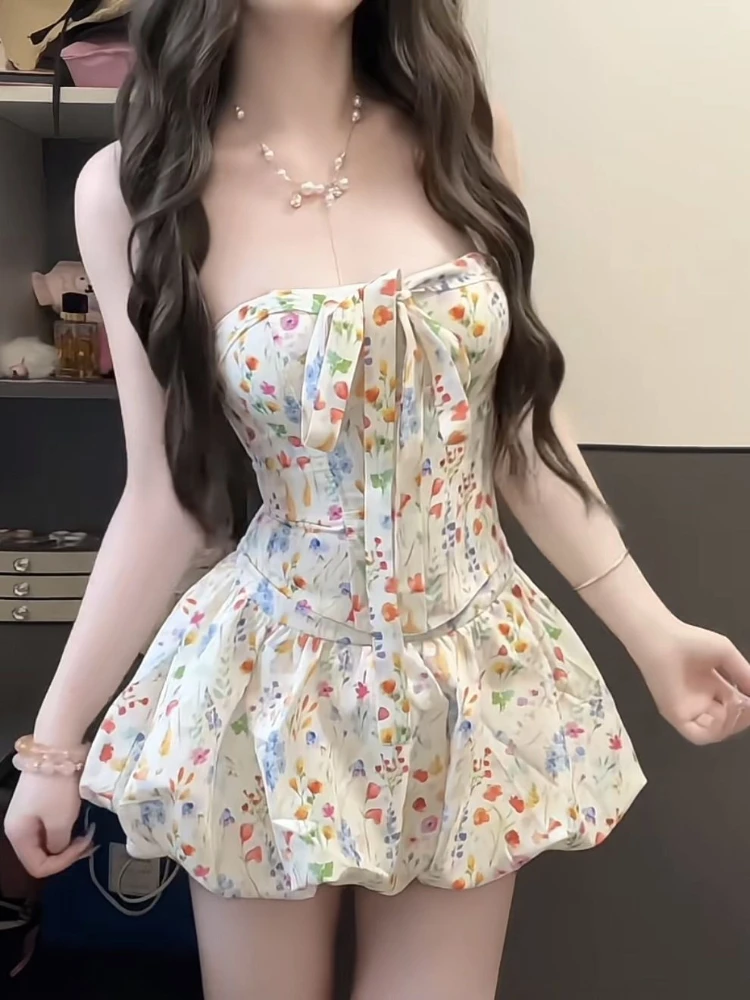 

Летний милый эстетический элегантный комплект из 2 предметов для женщин, сексуальный дизайн принцессы с разрезом на шее, мини-юбка, костюм, женская шикарная одежда в корейском стиле