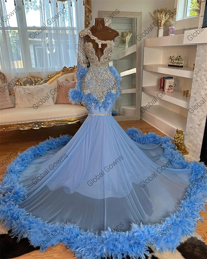 Robe de Soirée en Forme de Sirène pour Femme, Tenue de Bal de Forme Sirène, avec des Perles Argentées, des Diamants, des Plumes, des Paillettes, une Manche, Bleu