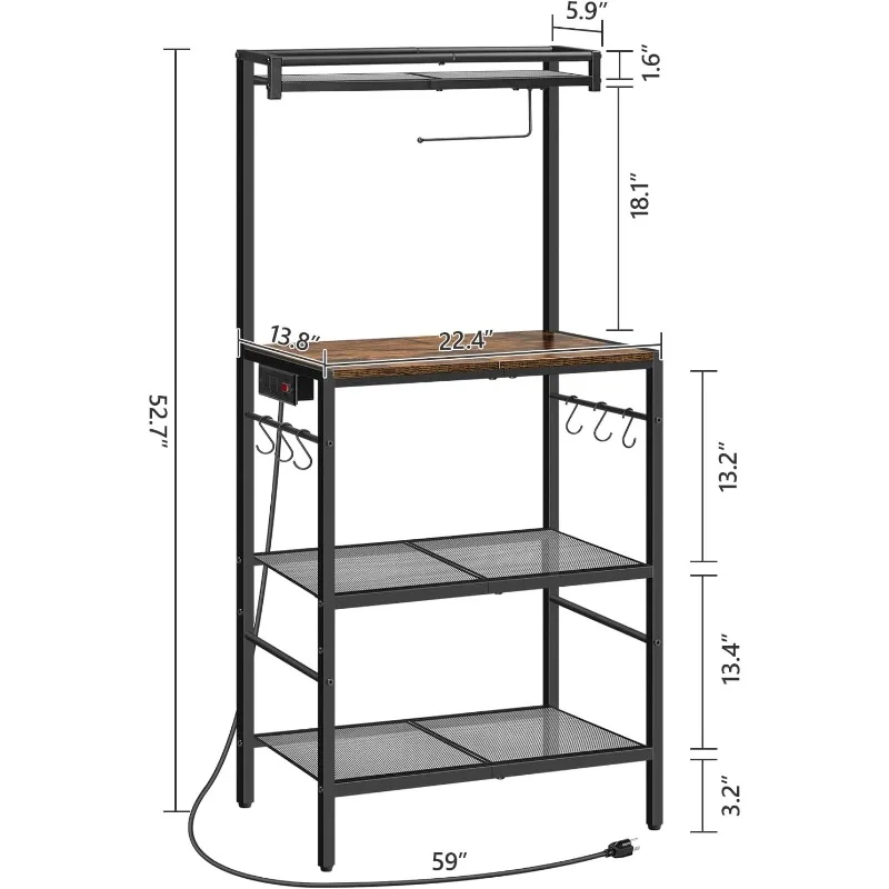 Bäckerregal mit Steckdose, Küchenregal mit Papierhalter, Mikrowellenständer, Kaffeebar mit 6 Haken, Steckdose mit Schalter