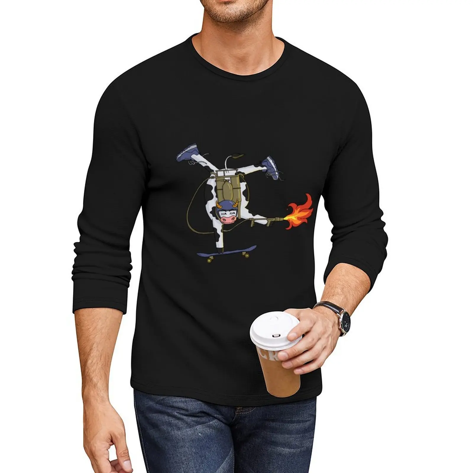 

Cow with Flamethrower Long T-Shirt Blouse plain t-shirt man clothes T-shirt men