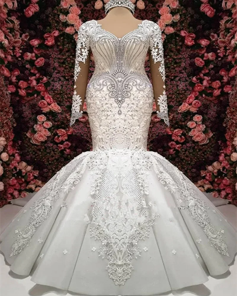 

Customized Mermaid Long Sleeves Lace Appliques Crystal Sexy V-Neck Bridal Gowns African Fishtail Wedding Dress 2026