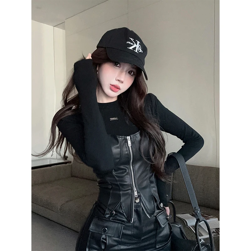 Y2K Pu Leather T Shirts Women Fake Two Pieces Patchwork Crop Tops Streetwear Sexy Club Black Long Sleeve Zipper Bodycon Tees New