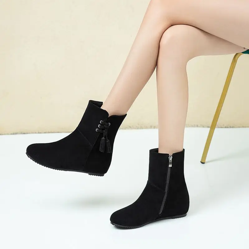 

ORCHALISA Womens Flock Suede Flat Ankle Boots 3.5cm Increased Heel Round Toe Fringe Decor Sizes 42 43 Daily Female Bota