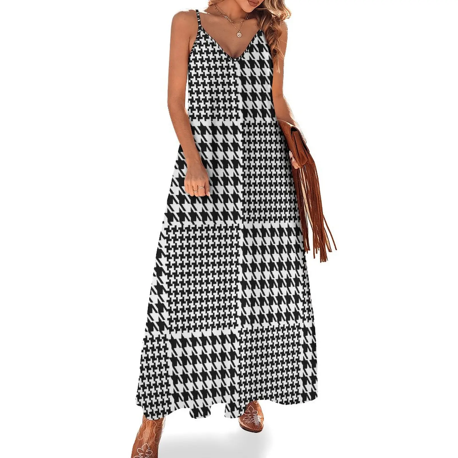 

Vintage Houndstooth Dress Patchwork Print Vintage Maxi Dress V Neck Boho Beach Long Dresses Street Fashion Oversized Clothes