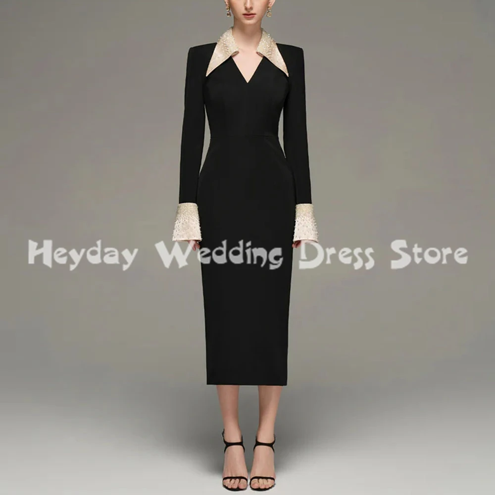 

Heyday Women's V-neck Straight Beaded Simple Evening Dresses With Long Sleeves Tea-Length Formal Elegant Party Dresses 2025