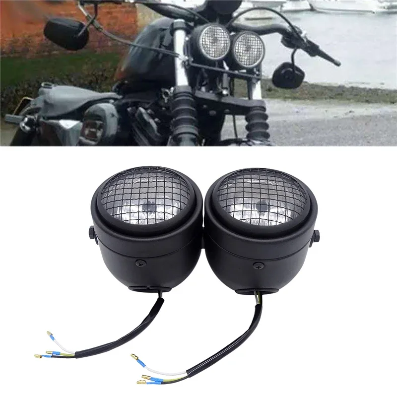 

1 Pair Universal Black Grille Motorcycle Headlight Led 8.5 In Metal Front Twin Round Head Light Moto Bike Front Double Head Lamp