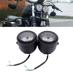 1 Pair Universal Black Grille Motorcycle Headlight Led 8.5 In Metal Front Twin Round Head Light Moto Bike Front Double Head Lamp
