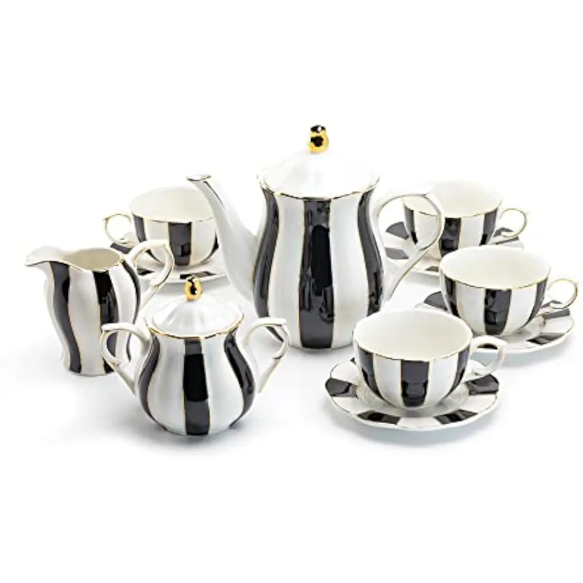 11 Piece Porcelain Tea Set with Scalloped Edge, Black White Tea Service with Teapot Sugar Creamer 4 Cups Saucers for Home Gift