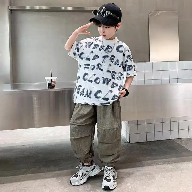 الصيف قصيرة الأكمام ملابس الأطفال أعلى وأسفل الملابس مجموعة قمصان الصبي الزي الأزياء 8 14 سنة دعوى السراويل الملابس قمم