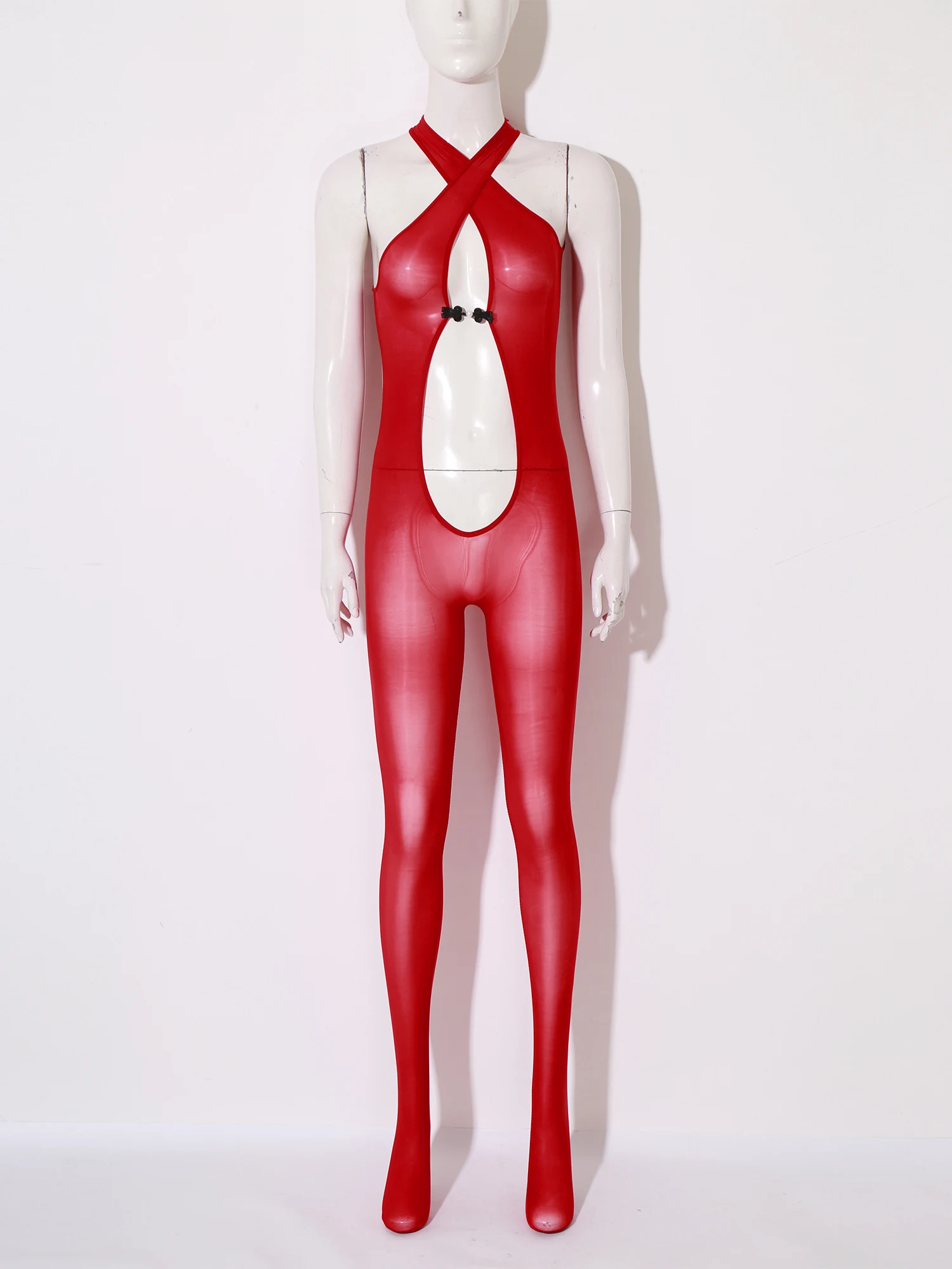 Женские глянцевые прозрачные ажурные чулки для тела с глубоким V-образным вырезом и перекрестными бретелями, боди для всего тела, костюм зентай