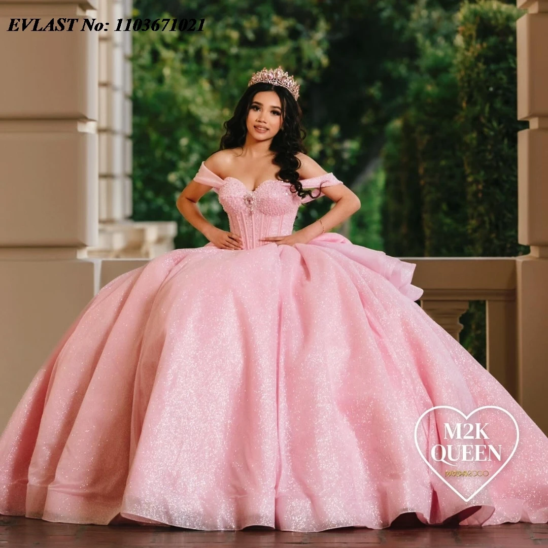 EVLAST Glitter abito da ballo rosa lucido abito Quinceanera Applique cristalli di perline fiocco messico corsetto dolce 16 Vestidos De Anos SQ404