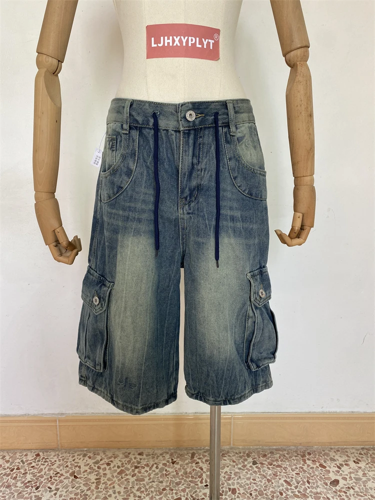 

Women's Baggy Knee Length Cargo Jeans Summer Y2k Boyfriend Denim Trousers 2000s Female Oversize Jean Pants Vintage Clothes