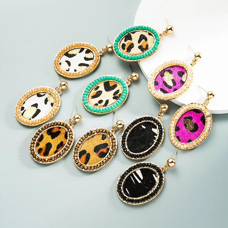 Trendy new leopard print leather earrings hot-selling alloy crystal retro earrings source