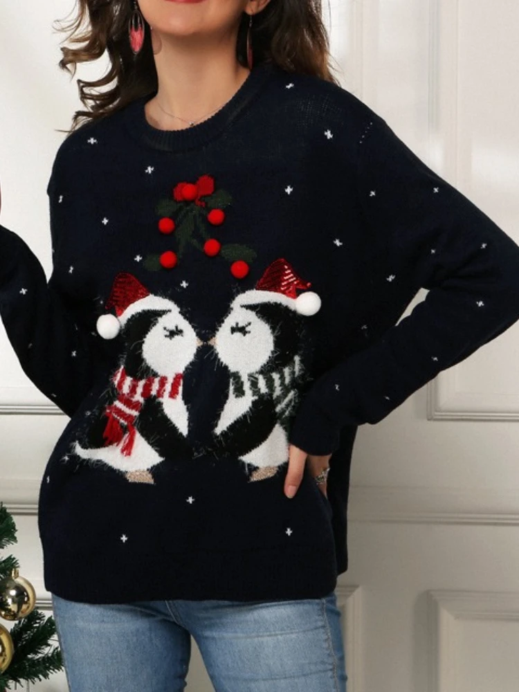 

Christmas Printed Loose Jacquard Sweater Women Casual O Neck Full Sleeve Knitted Jumpers Autumn Winter Chic Lady Street Pullover