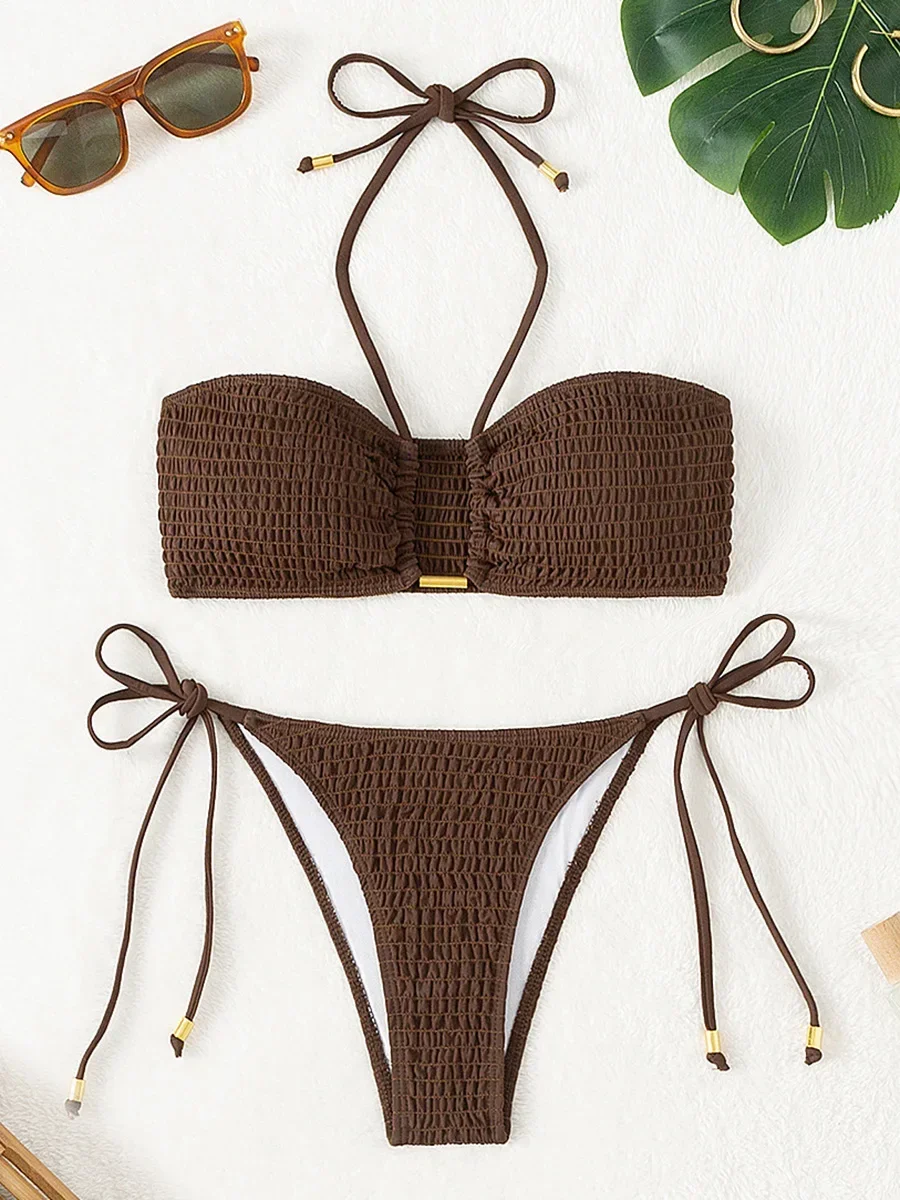 Bikini fruncido plisado con lazo Halter para mujer, traje de baño Bandeau, traje de baño femenino, conjunto de Bikini de dos piezas, traje de baño para nadar, ropa de playa