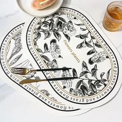 Floral Elliptical Placemats, PU Leather Sketch Flowers Pattern Table Mats, Waterproof Heat-Resistant Non-Slip Wipeable Dining